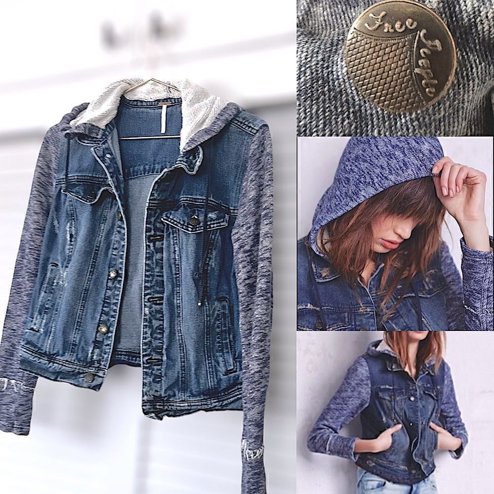Free People Distressed Knit Hooded Denim Jacket Size M